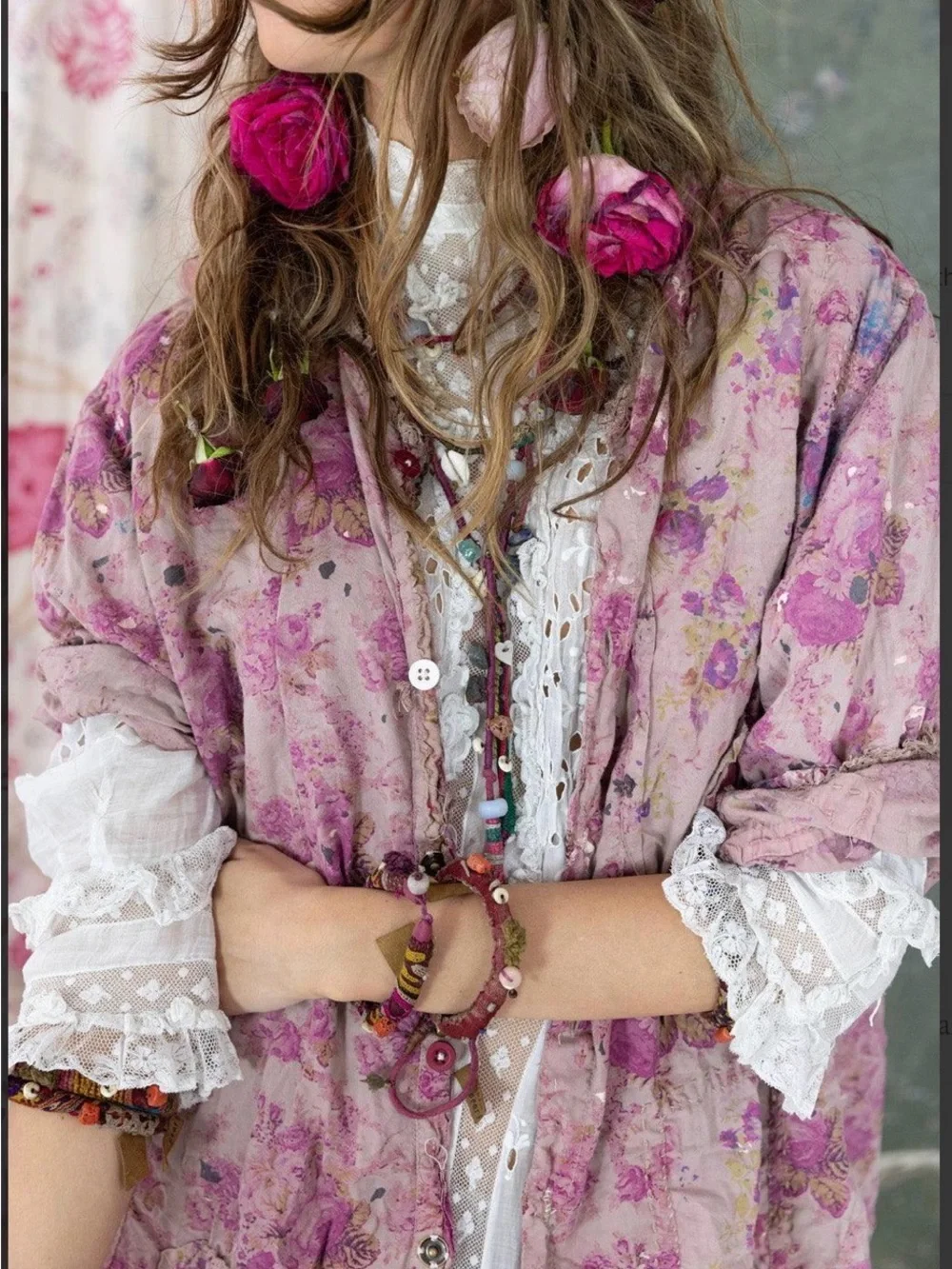 magnolia Pearl Rosewalk  Bohemian Pink Floral Duster Coat OS - Picture 4 of 11